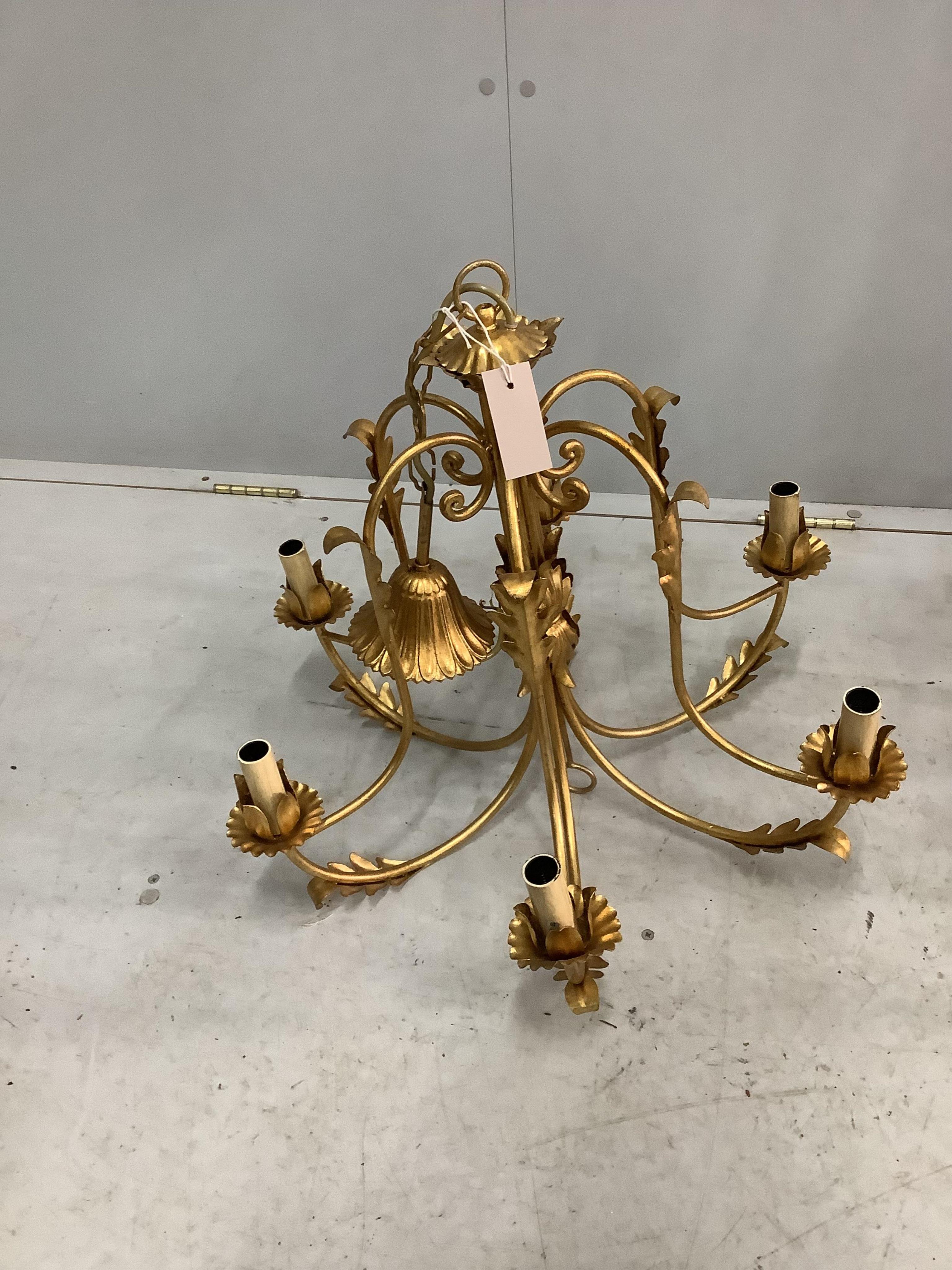 A pair of modern gold painted metal light fittings, diameter 60cm, height overall 80cm. Condition - good